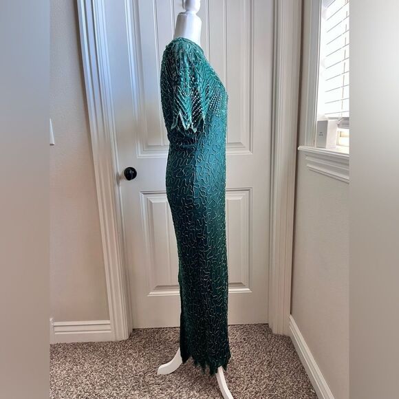 Scala Emerald Beaded Sequin Silk Formal Evening Gown Sz. Large - Picture 7 of 13
